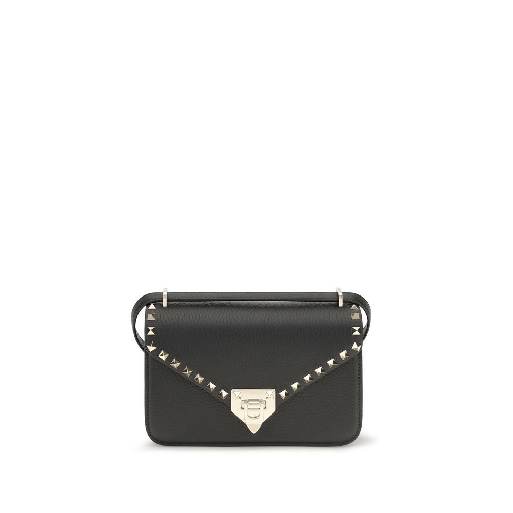 Valentino Garavani black calf leather Bos Taurus shoulder bag with silver-tone hardware and adjustable strap.