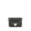 Valentino Garavani black calf leather Bos Taurus shoulder bag with silver-tone hardware and adjustable strap.