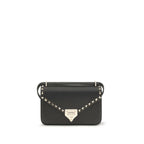 Valentino Garavani black calf leather Bos Taurus shoulder bag with silver-tone hardware and adjustable strap.