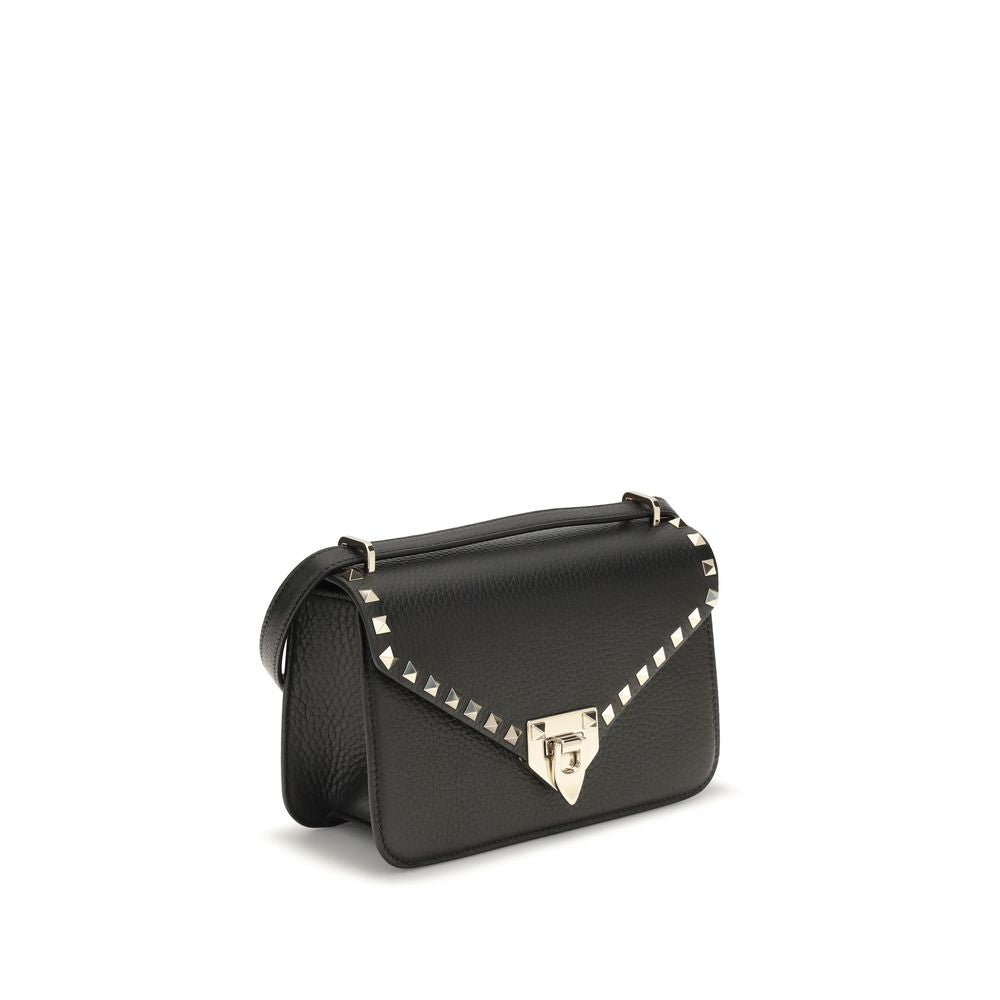 Valentino Garavani black calf leather Bos Taurus shoulder bag with silver hardware and sleek design.