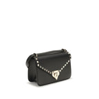 Valentino Garavani black calf leather Bos Taurus shoulder bag with silver hardware and sleek design.