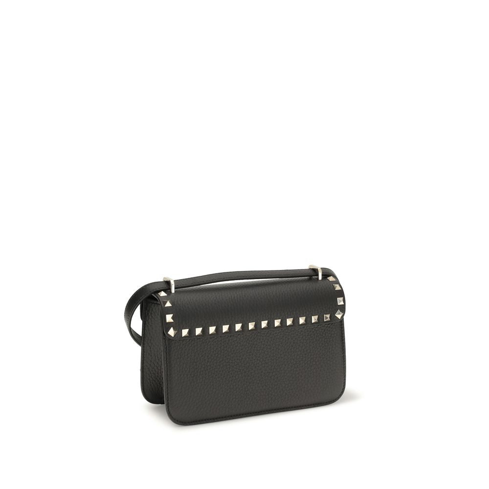 Valentino Garavani black calf leather Bos Taurus shoulder bag featuring sleek design and subtle logo accents.
