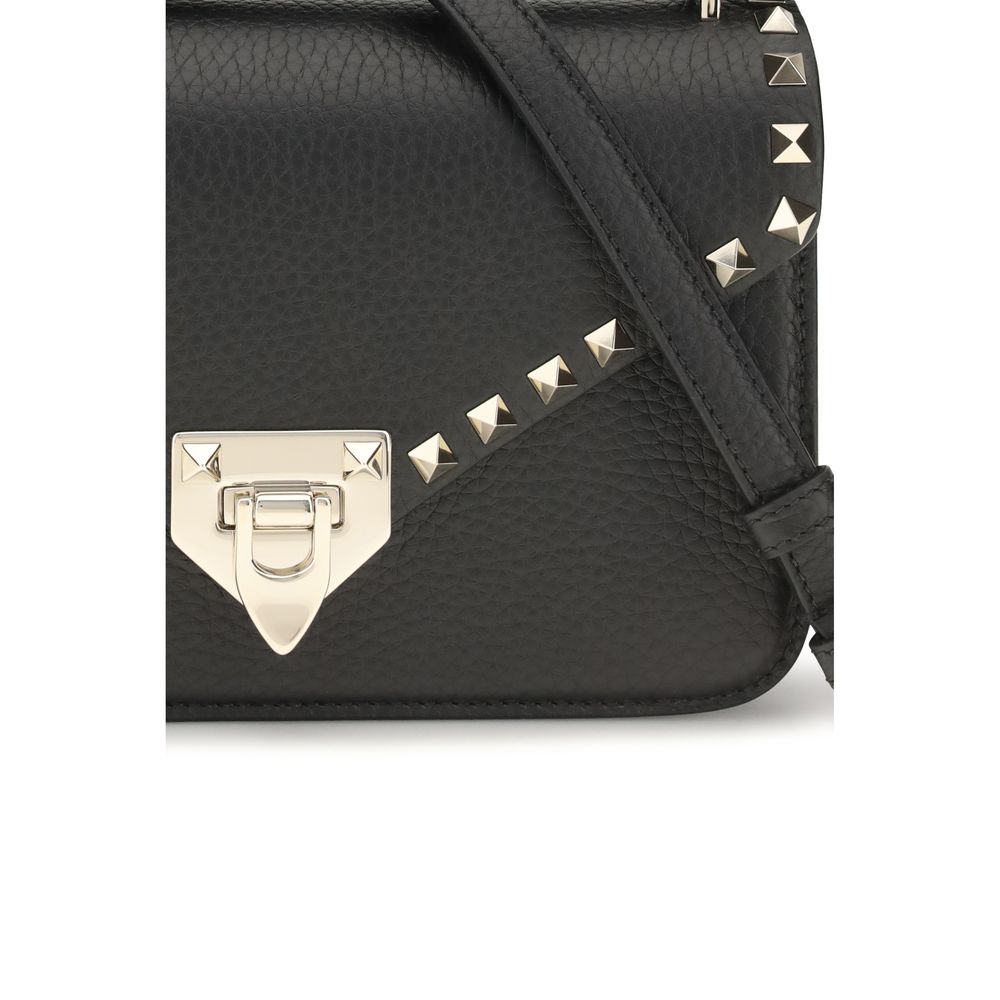 Valentino Garavani Black Calf Leather Bos Taurus Shoulder Bag with sleek design and gold-tone hardware.