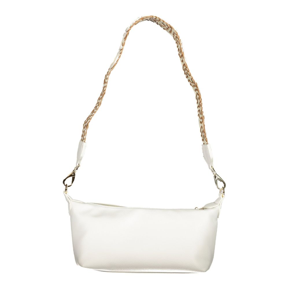 Mario Valentino Bianco women's polyurethane bag with sleek design and silver hardware on a plain background.