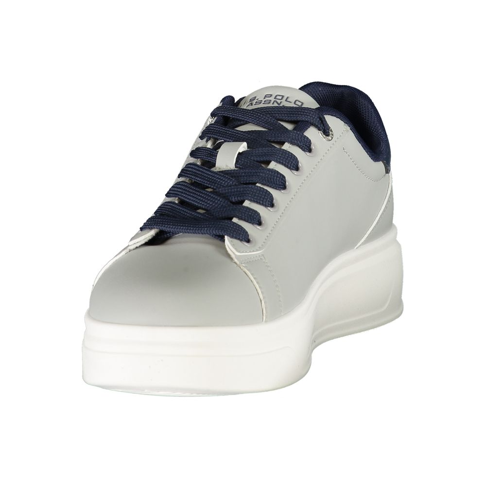 Gray U.S. POLO ASSN. men's polyester sneaker with white sole and laces, showcasing a casual athletic shoe design.