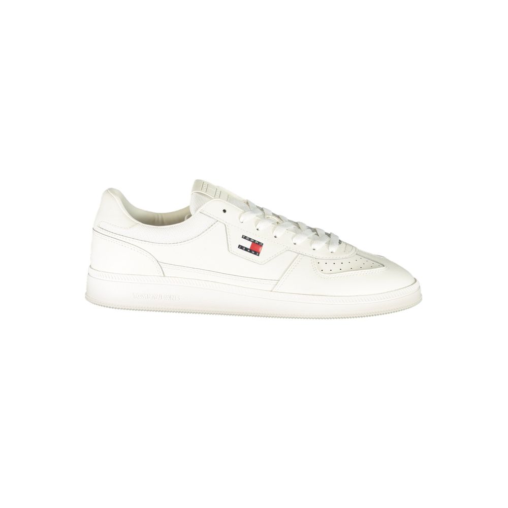White Tommy Hilfiger men's sneaker with polyurethane upper, casual athletic shoe, featuring brand logo and modern design.