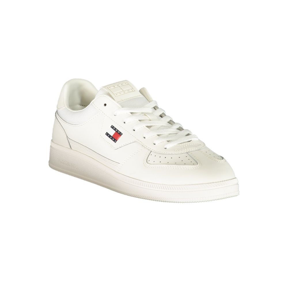 Tommy Hilfiger white polyurethane men's sneaker with lace-up design and sporty silhouette on a plain background.