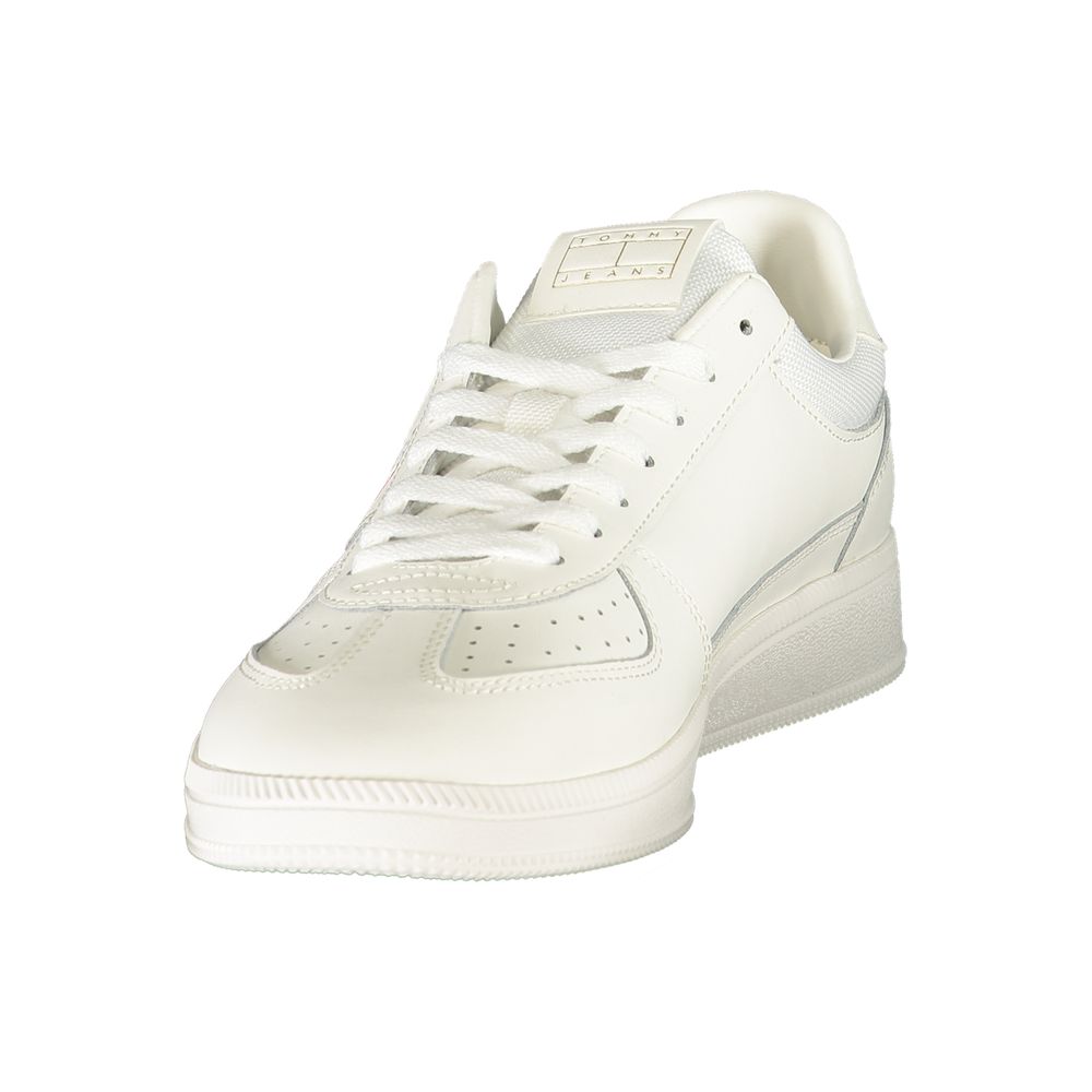 Tommy Hilfiger white polyurethane men's sneaker with sleek design and cushioned sole, front view showing laces and brand logo