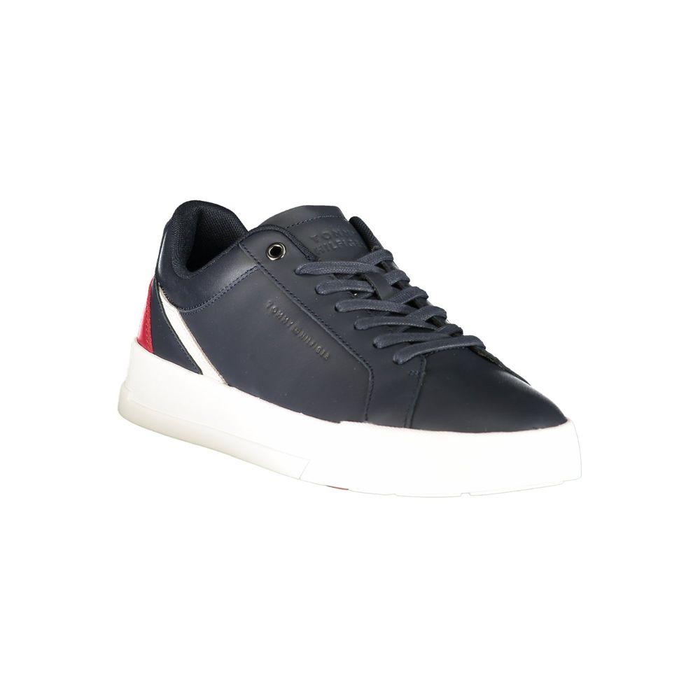 Tommy Hilfiger men's blue polyurethane sneaker with white sole and logo detail, casual athletic footwear for everyday wear.
