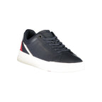 Tommy Hilfiger men's blue polyurethane sneaker with white sole and logo detail, casual athletic footwear for everyday wear.