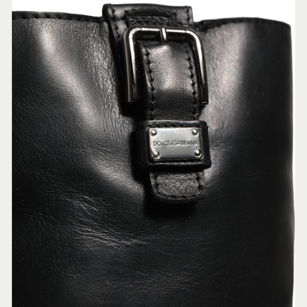 Dolce & Gabbana Black Leather Buckle Detail Mid Calf Boots Shoes