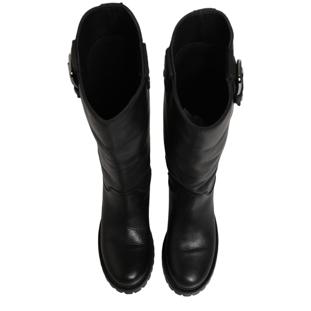 Dolce & Gabbana Black Leather Buckle Detail Mid Calf Boots Shoes