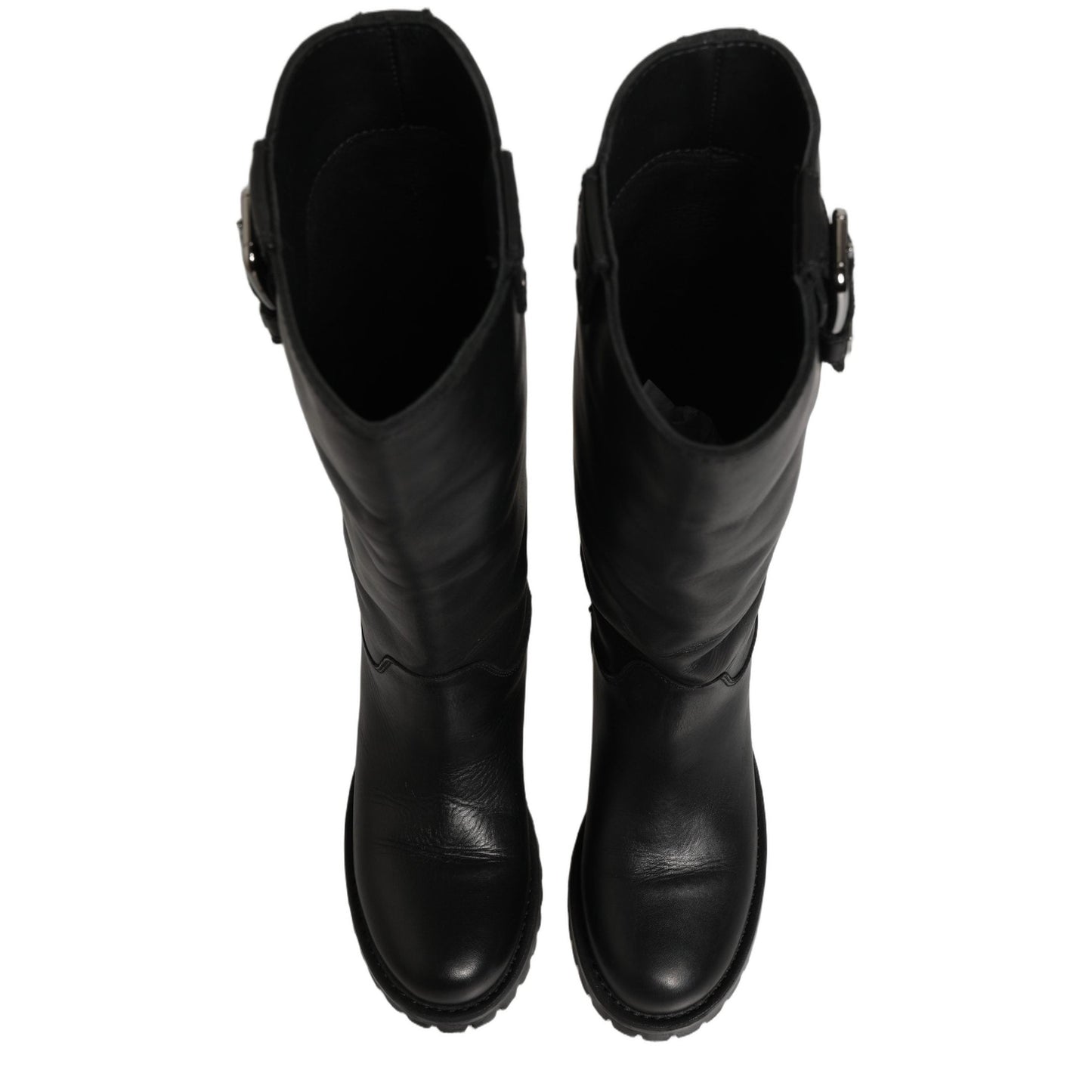 Dolce & Gabbana Black Leather Buckle Detail Mid Calf Boots Shoes