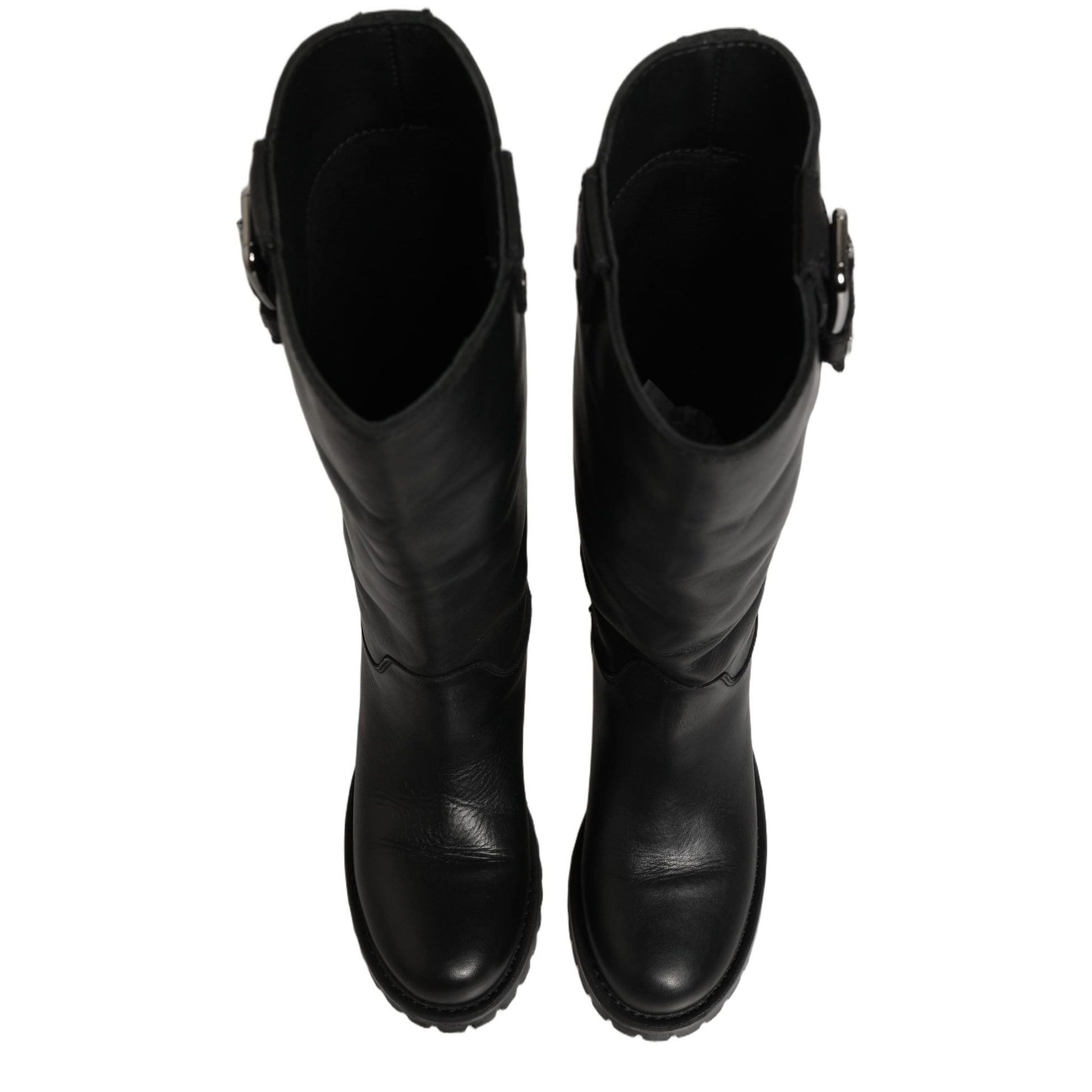 Dolce & Gabbana Black Leather Buckle Detail Mid Calf Boots Shoes
