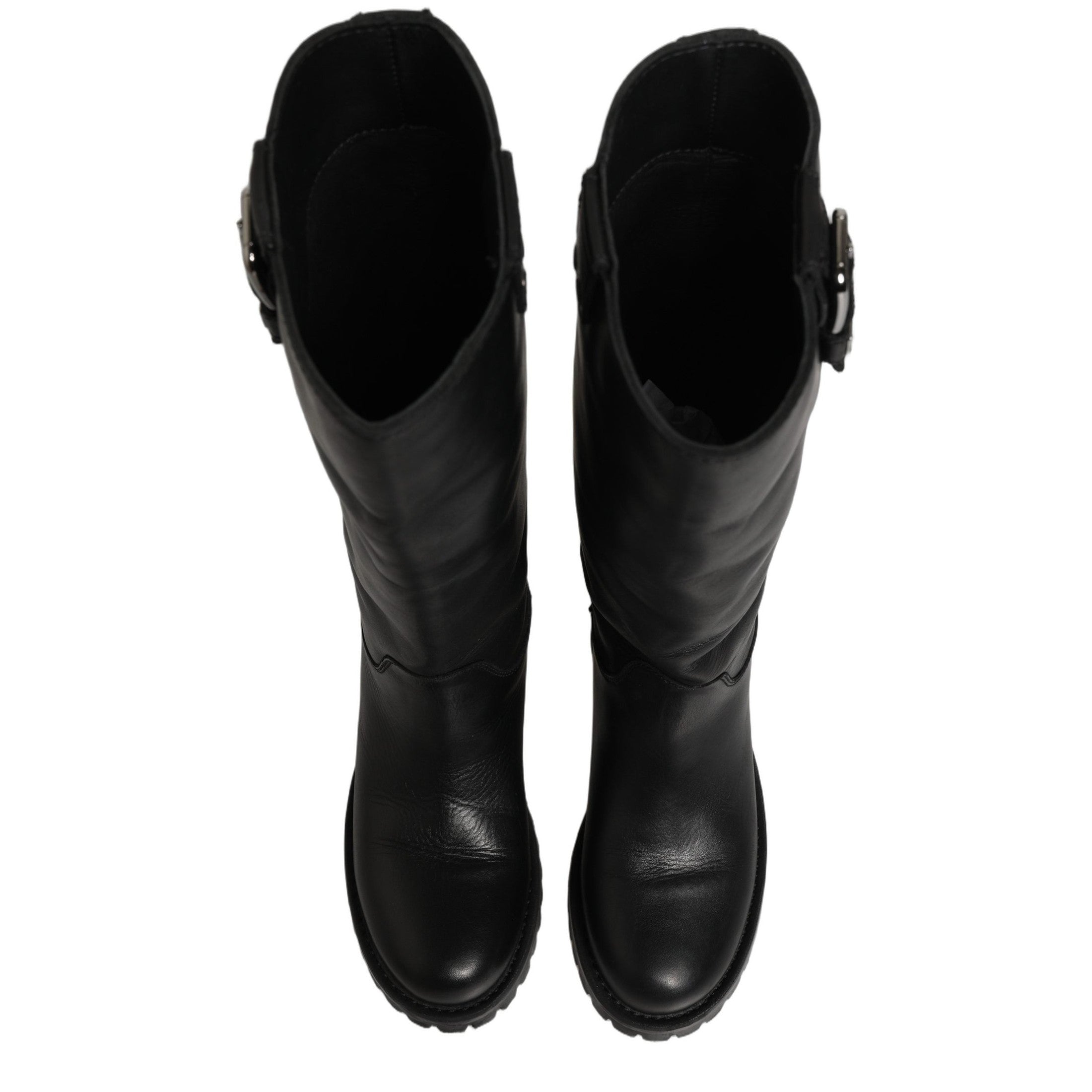 Dolce & Gabbana Black Leather Buckle Detail Mid Calf Boots Shoes