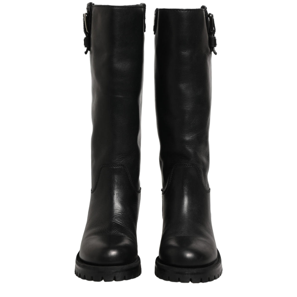 Dolce & Gabbana Black Leather Buckle Detail Mid Calf Boots Shoes