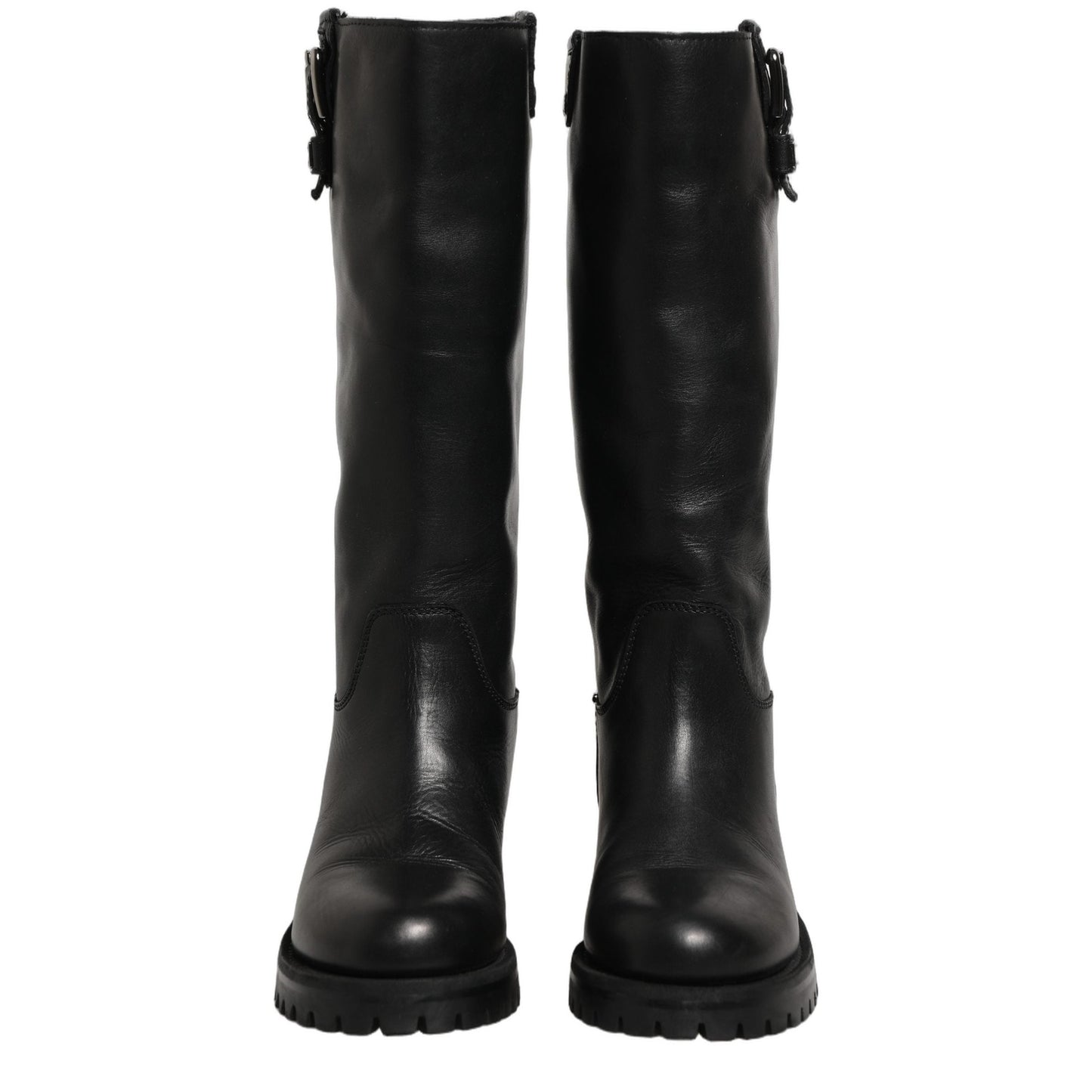 Dolce & Gabbana Black Leather Buckle Detail Mid Calf Boots Shoes