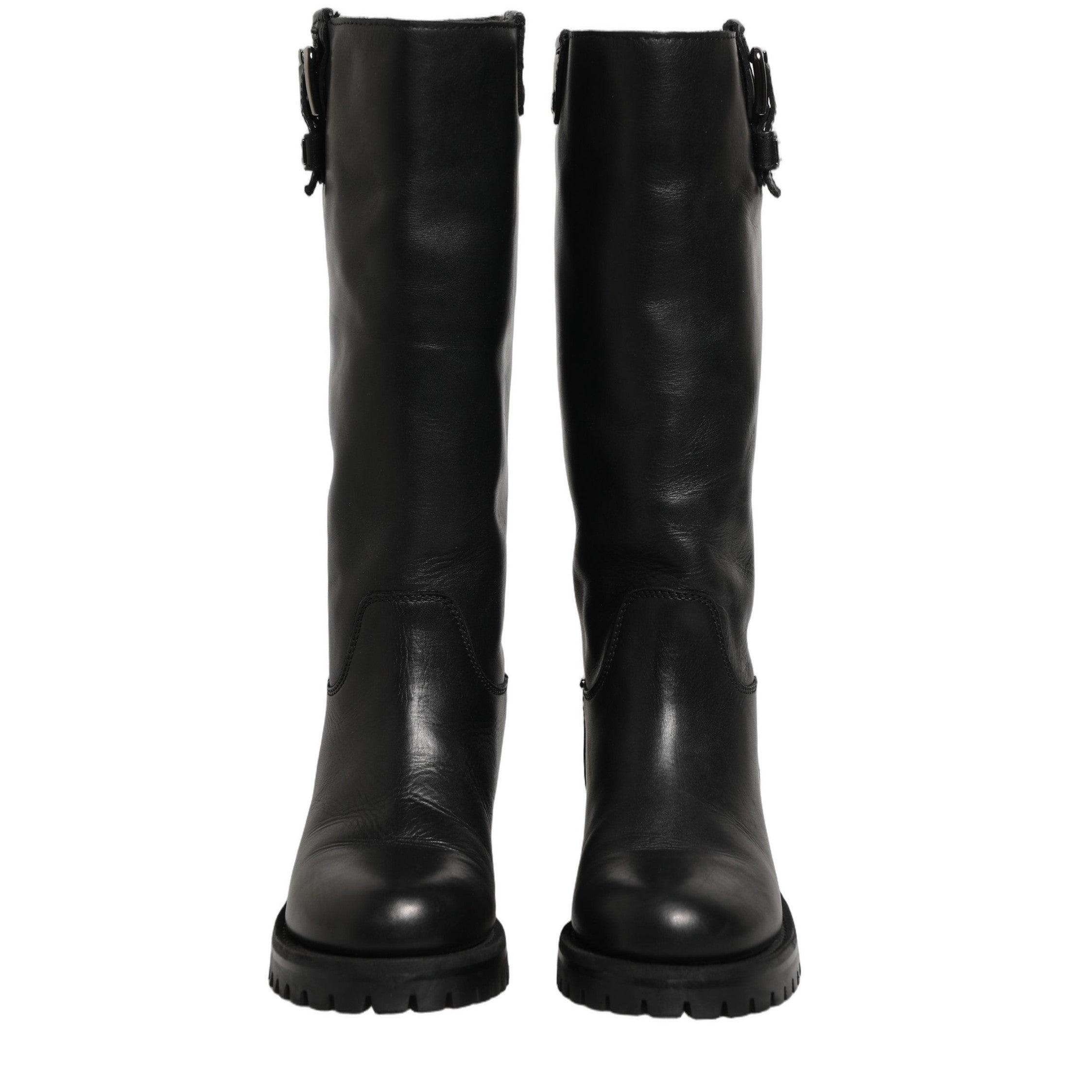 Dolce & Gabbana Black Leather Buckle Detail Mid Calf Boots Shoes