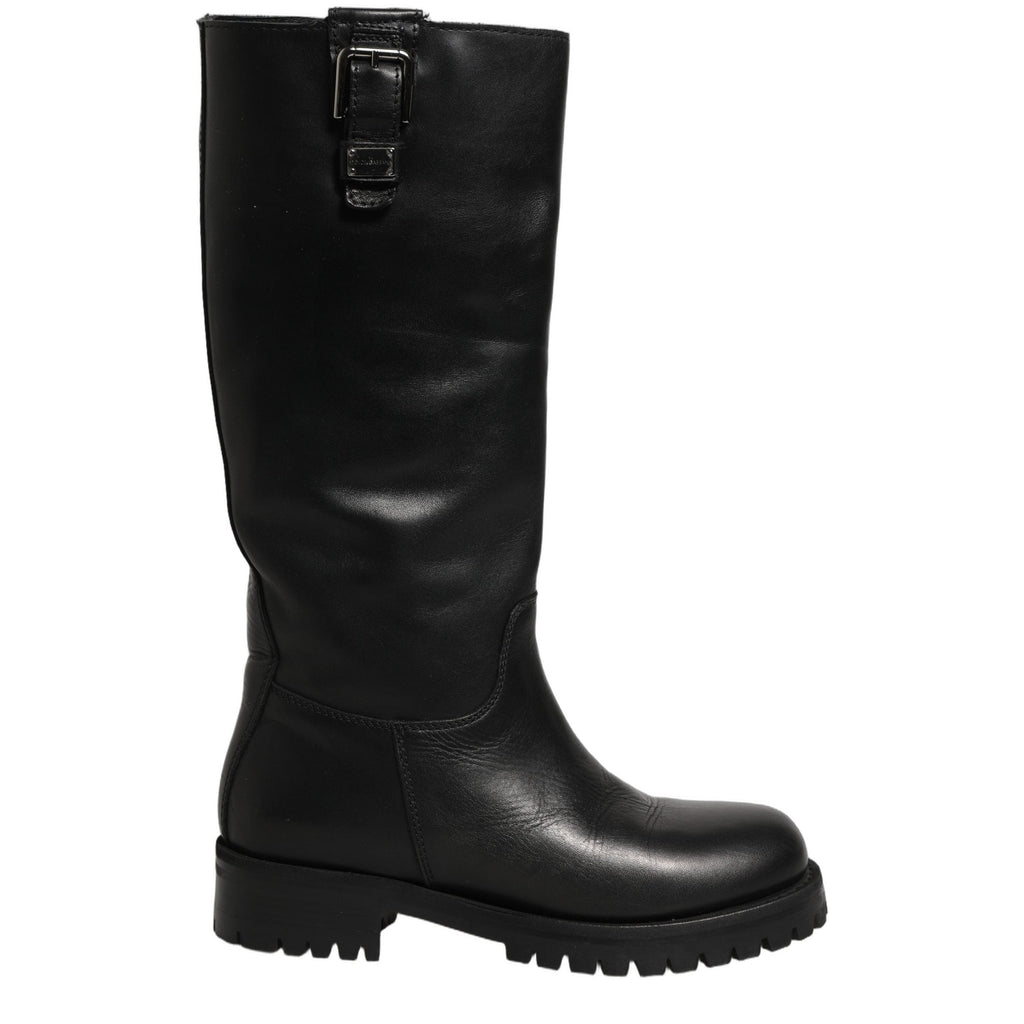 Dolce & Gabbana Black Leather Buckle Detail Mid Calf Boots Shoes