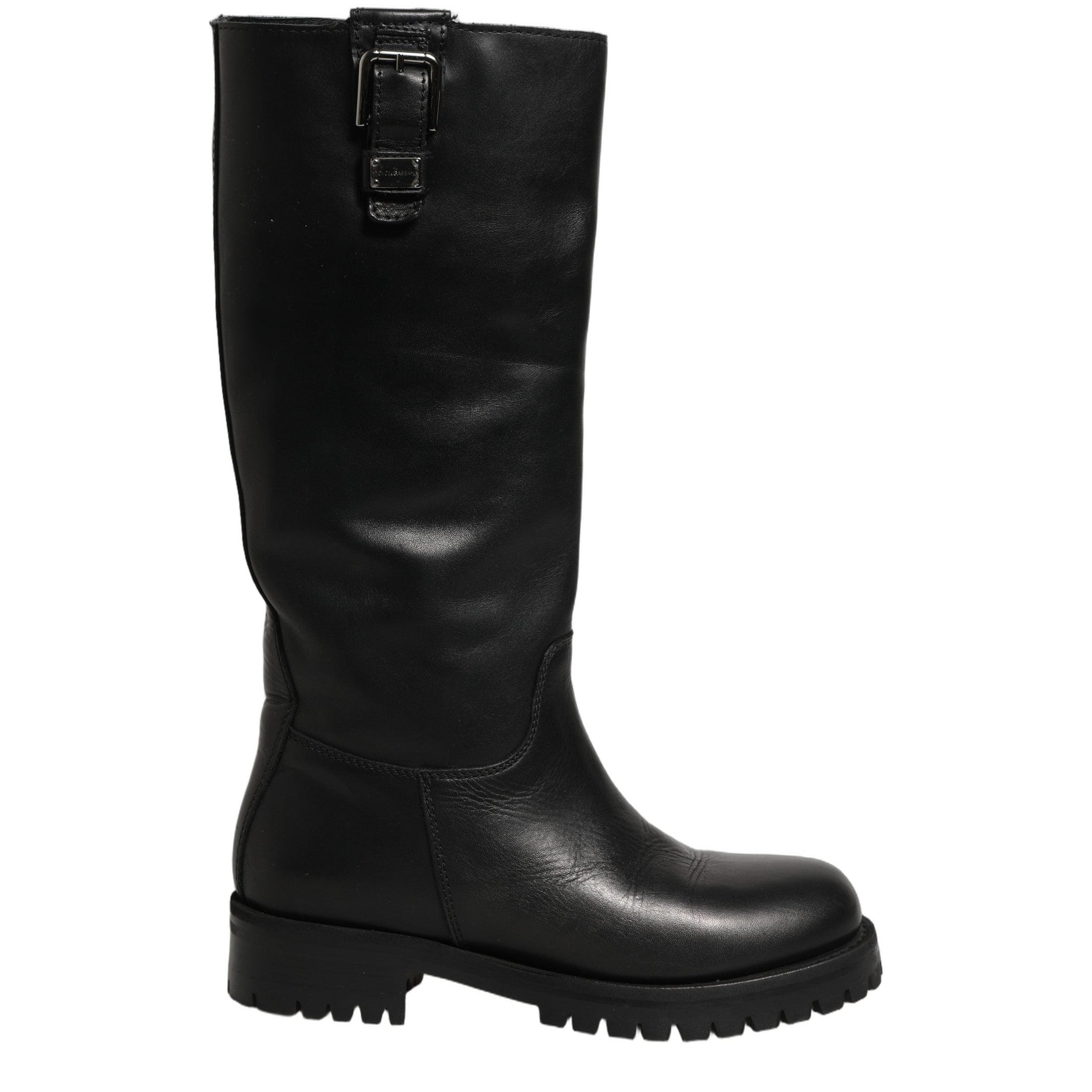 Dolce & Gabbana Black Leather Buckle Detail Mid Calf Boots Shoes