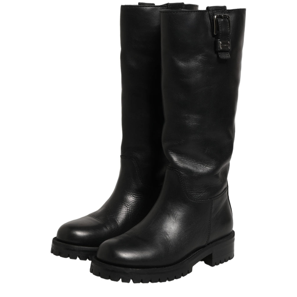 Dolce & Gabbana Black Leather Buckle Detail Mid Calf Boots Shoes