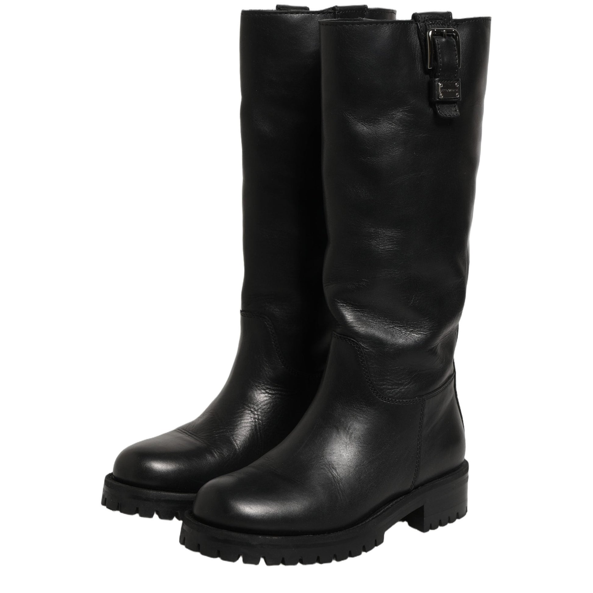 Dolce & Gabbana Black Leather Buckle Detail Mid Calf Boots Shoes