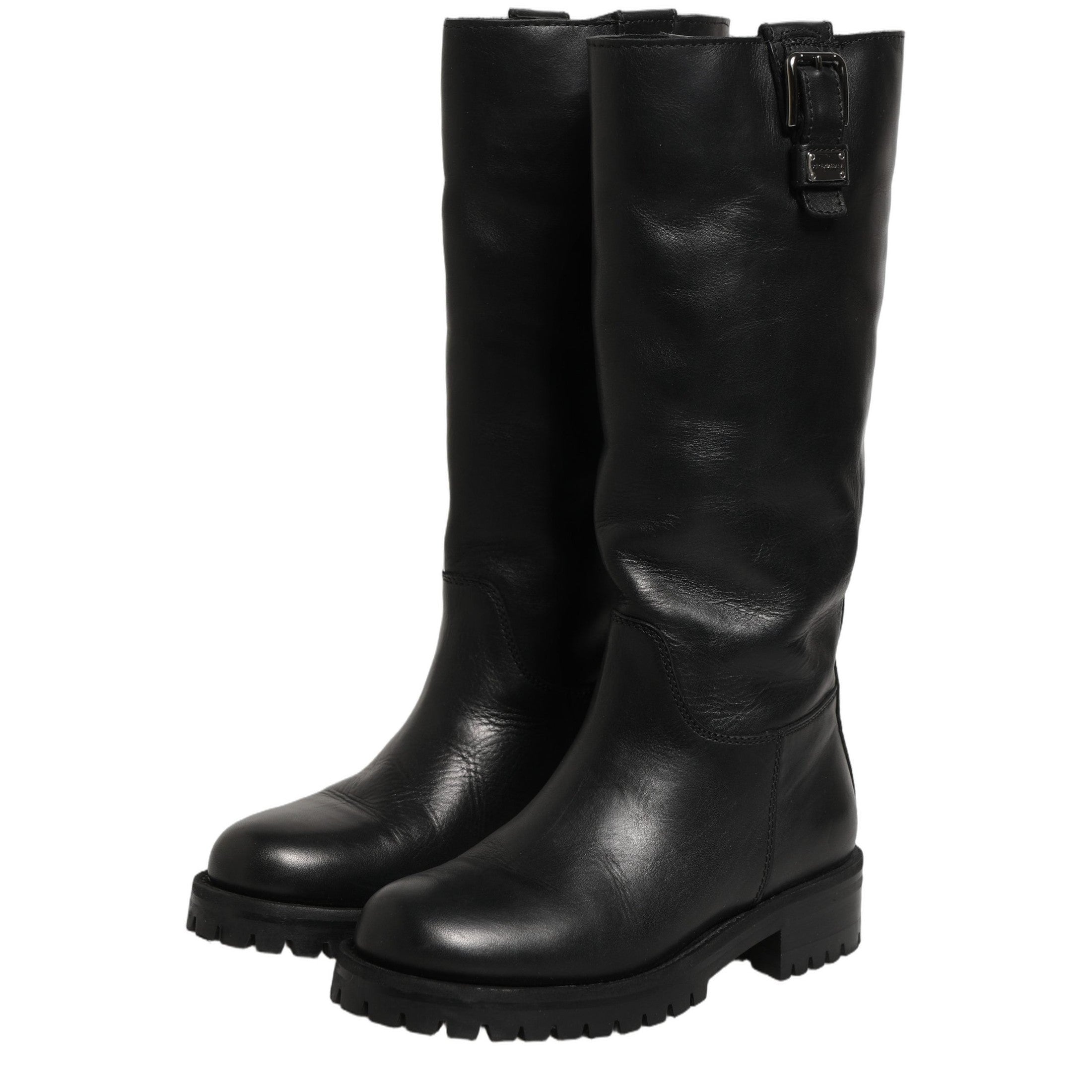 Dolce & Gabbana Black Leather Buckle Detail Mid Calf Boots Shoes