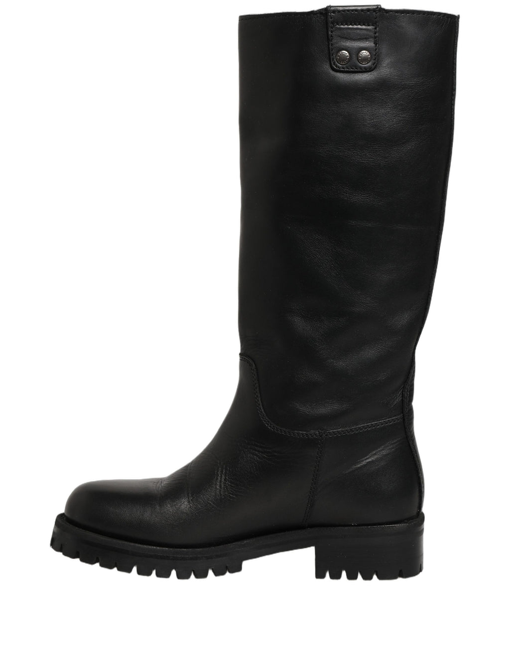 Black leather mid-calf boots with buckle detail from Dolce & Gabbana, featuring a sleek design and sturdy sole.