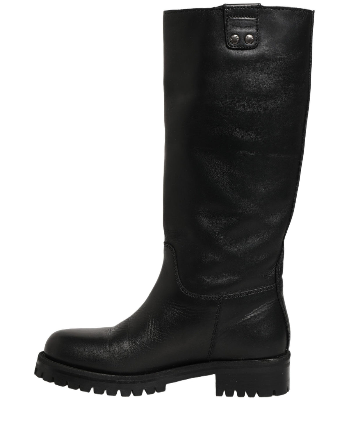 Black leather mid-calf boots with buckle detail from Dolce & Gabbana, featuring a sleek design and sturdy sole.