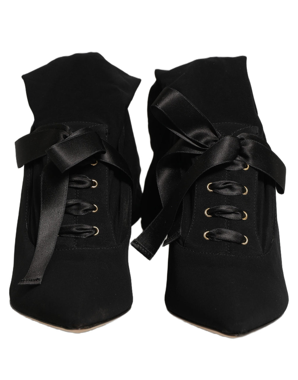 Dolce & Gabbana black stiletto heels with mid-calf boot design, featuring sleek leather and elegant silhouette.