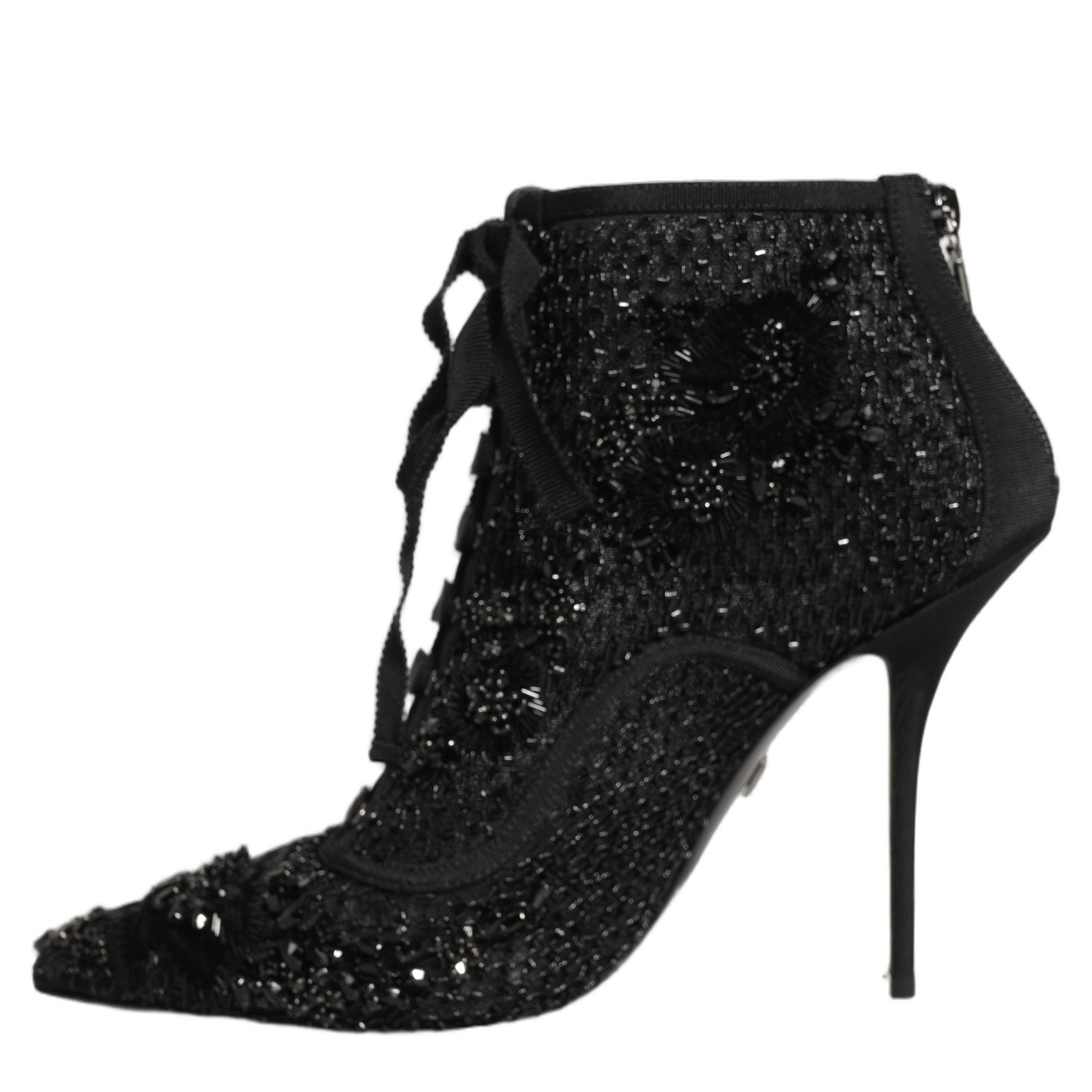 Dolce & Gabbana Black Embellished Mesh Ankle Boots Shoes