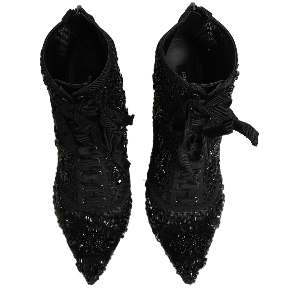 Dolce & Gabbana Black Embellished Mesh Ankle Boots Shoes