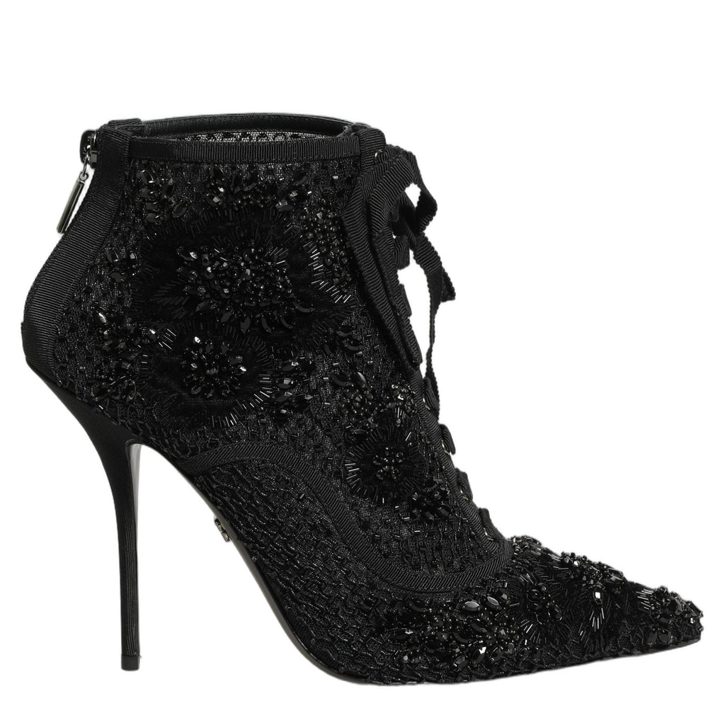 Dolce & Gabbana Black Embellished Mesh Ankle Boots Shoes