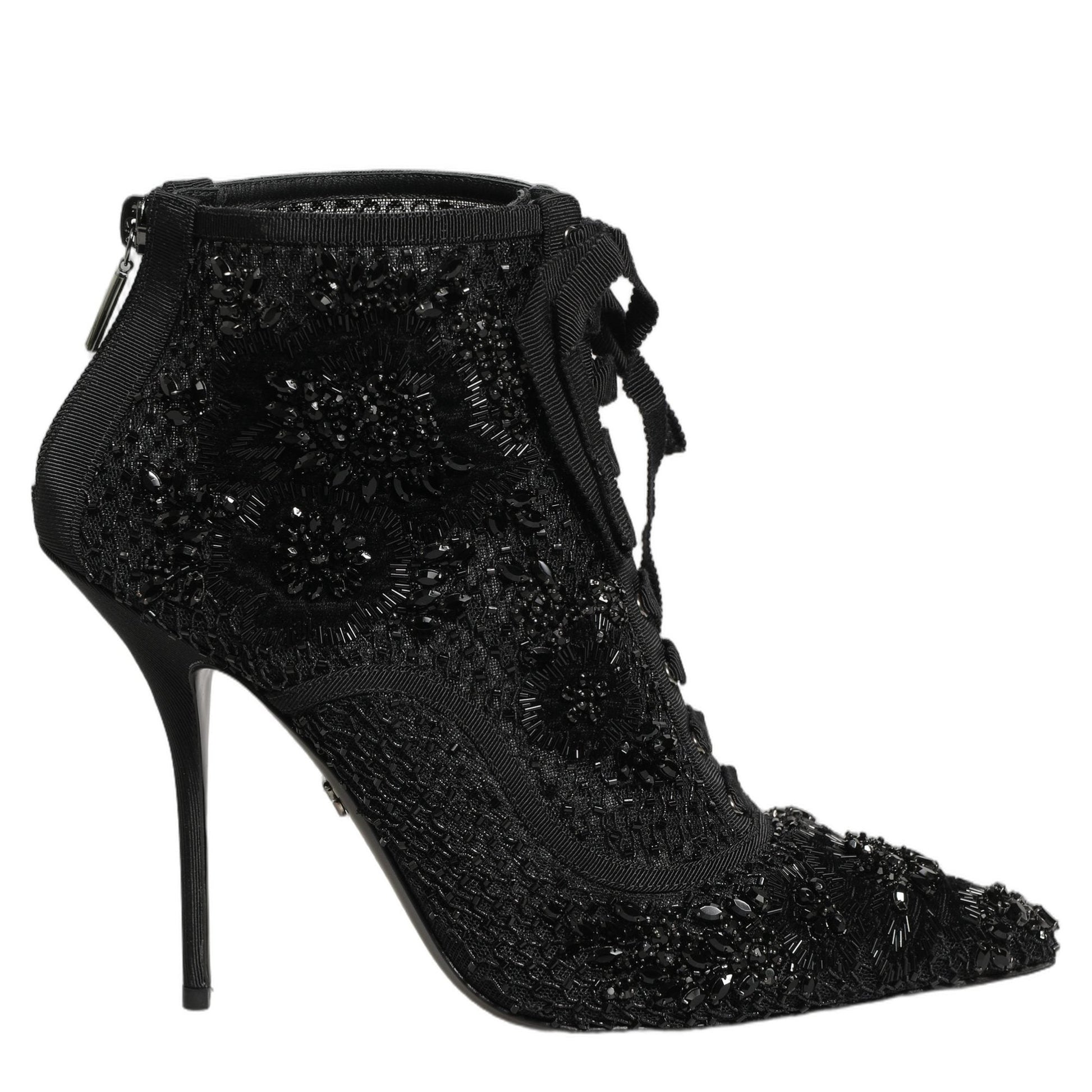 Dolce & Gabbana Black Embellished Mesh Ankle Boots Shoes