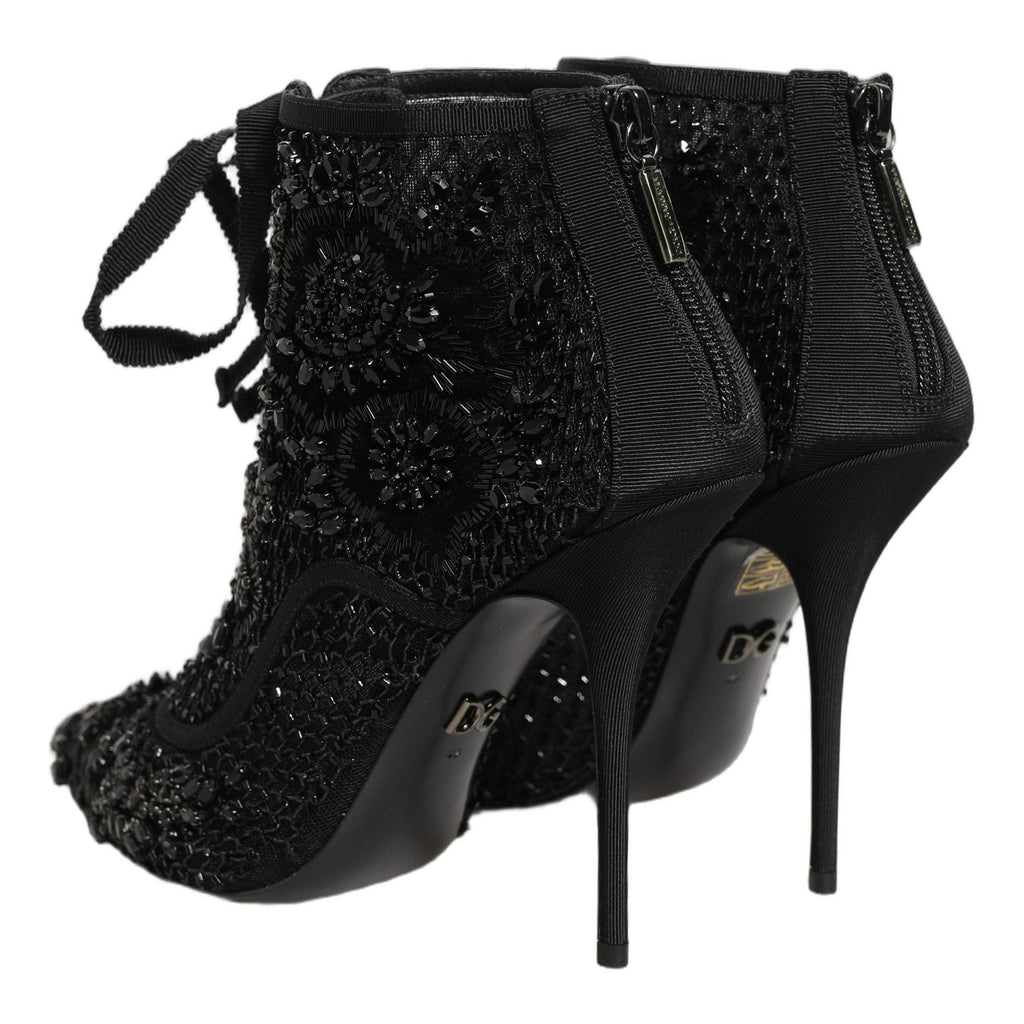 Dolce & Gabbana Black Embellished Mesh Ankle Boots Shoes