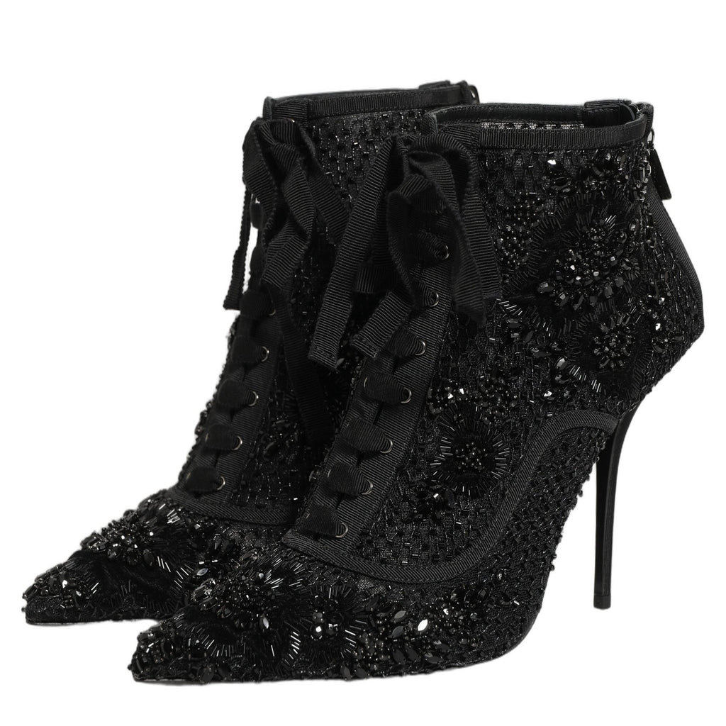 Dolce & Gabbana Black Embellished Mesh Ankle Boots Shoes