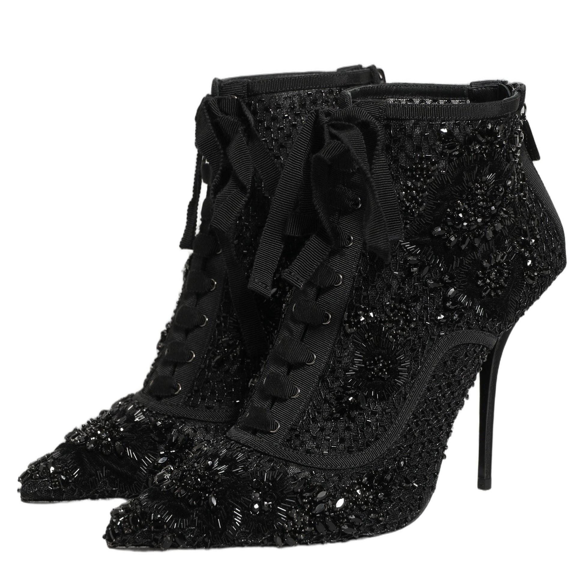 Dolce & Gabbana Black Embellished Mesh Ankle Boots Shoes
