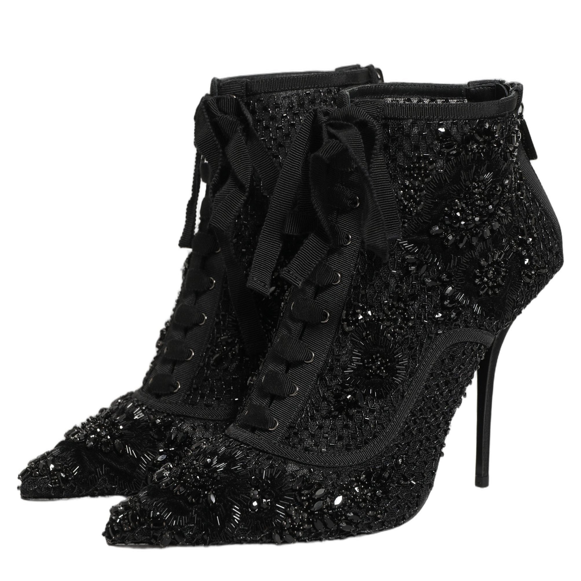 Dolce & Gabbana Black Embellished Mesh Ankle Boots Shoes
