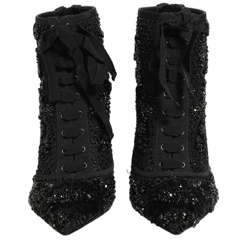 Dolce & Gabbana Black Embellished Mesh Ankle Boots Shoes