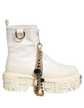 Dolce & Gabbana white leather ankle boots with rubber logo accents and sleek design, stylish footwear for modern fashion.