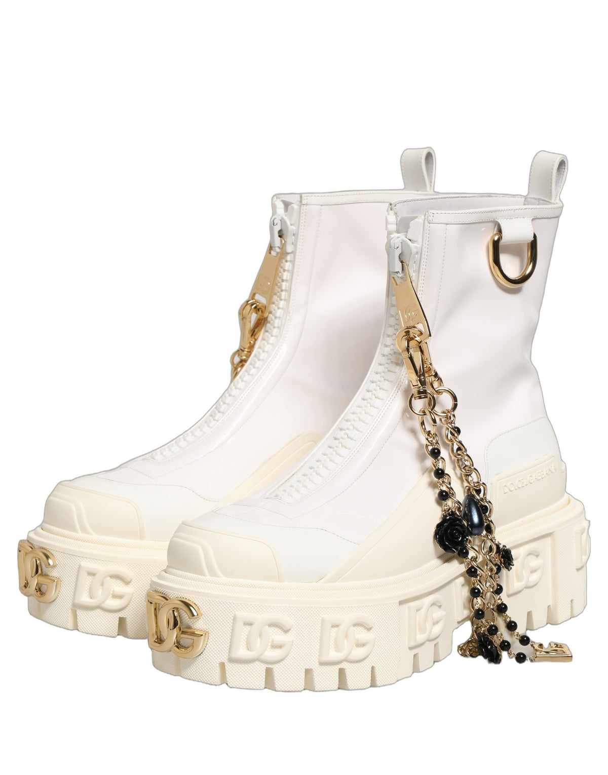 White leather and rubber ankle boots with Dolce & Gabbana logo, stylish and modern footwear design.