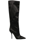Black satin knee-high stiletto boots by Dolce & Gabbana, with sleek design and pointed toes.