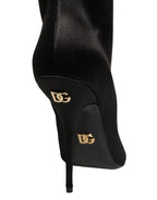 Dolce & Gabbana Black Satin Knee High Stiletto Boots Shoes