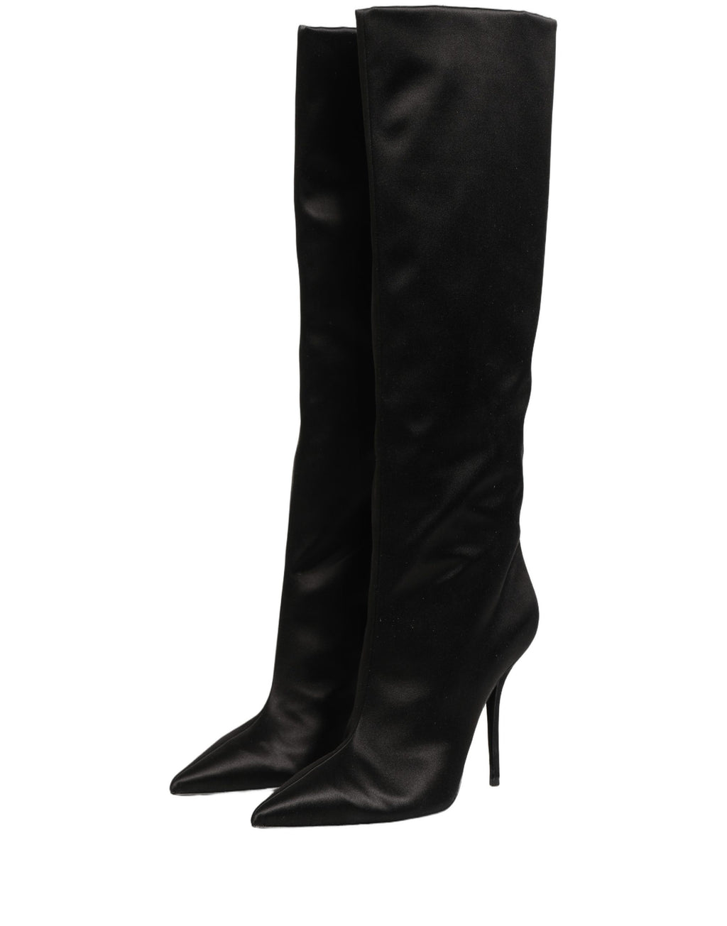 Black satin knee-high stiletto boots by Dolce & Gabbana featuring sleek design and pointed toes.