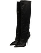 Black satin knee-high stiletto boots by Dolce & Gabbana featuring sleek design and pointed toes.