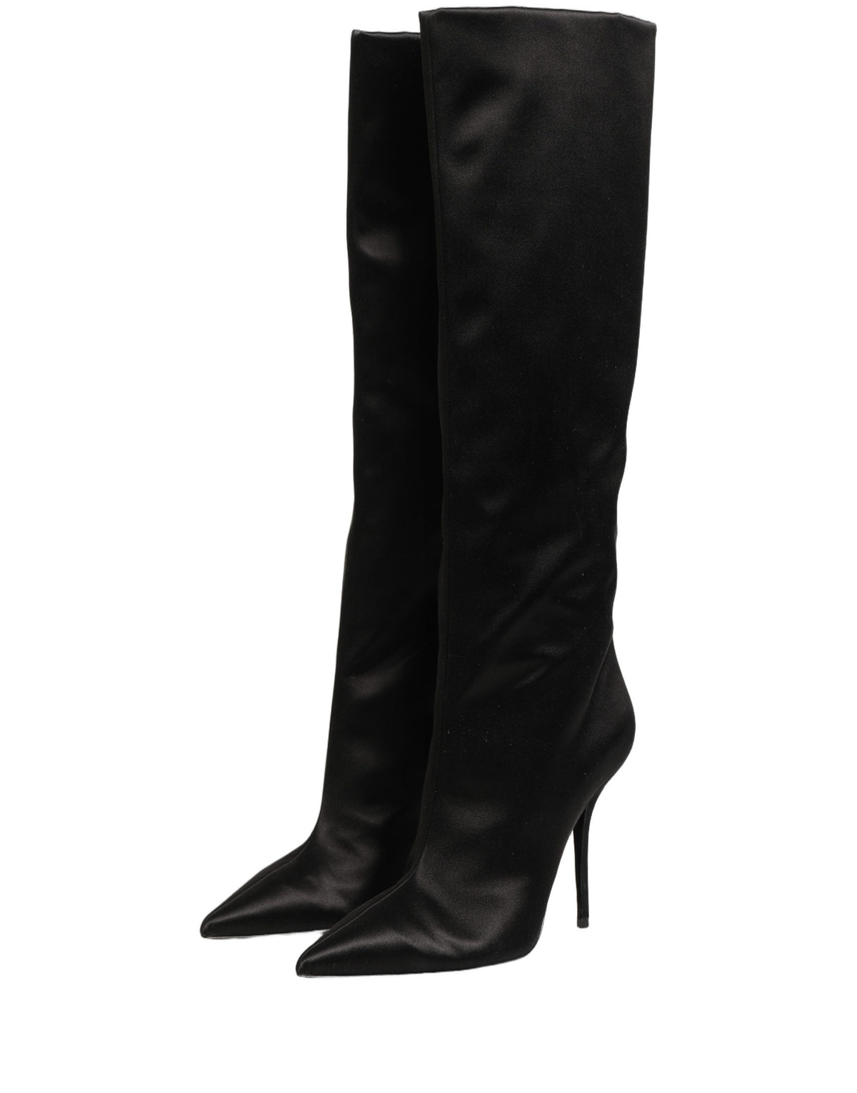 Black satin knee-high stiletto boots by Dolce & Gabbana featuring sleek design and pointed toes.
