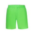 Nike green polyester men's swim boxer, close-up view showing elastic waistband and smooth fabric texture.