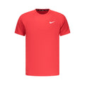 Red Nike men's polyester T-shirt with short sleeves and crew neckline, displayed flat on a neutral background.