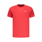 Red Nike men's polyester T-shirt with short sleeves and crew neckline, displayed flat on a neutral background.