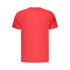 Red Nike men's polyester T-shirt with short sleeves and athletic fit, displayed on a plain background.